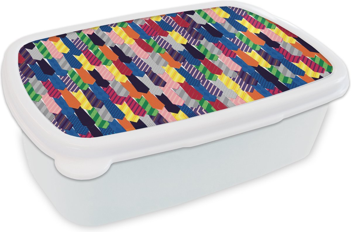 Broodtrommel Wit - Lunchbox - Brooddoos - Stropdas - Regenboog - Patronen - 18x12x6 cm - Volwassenen