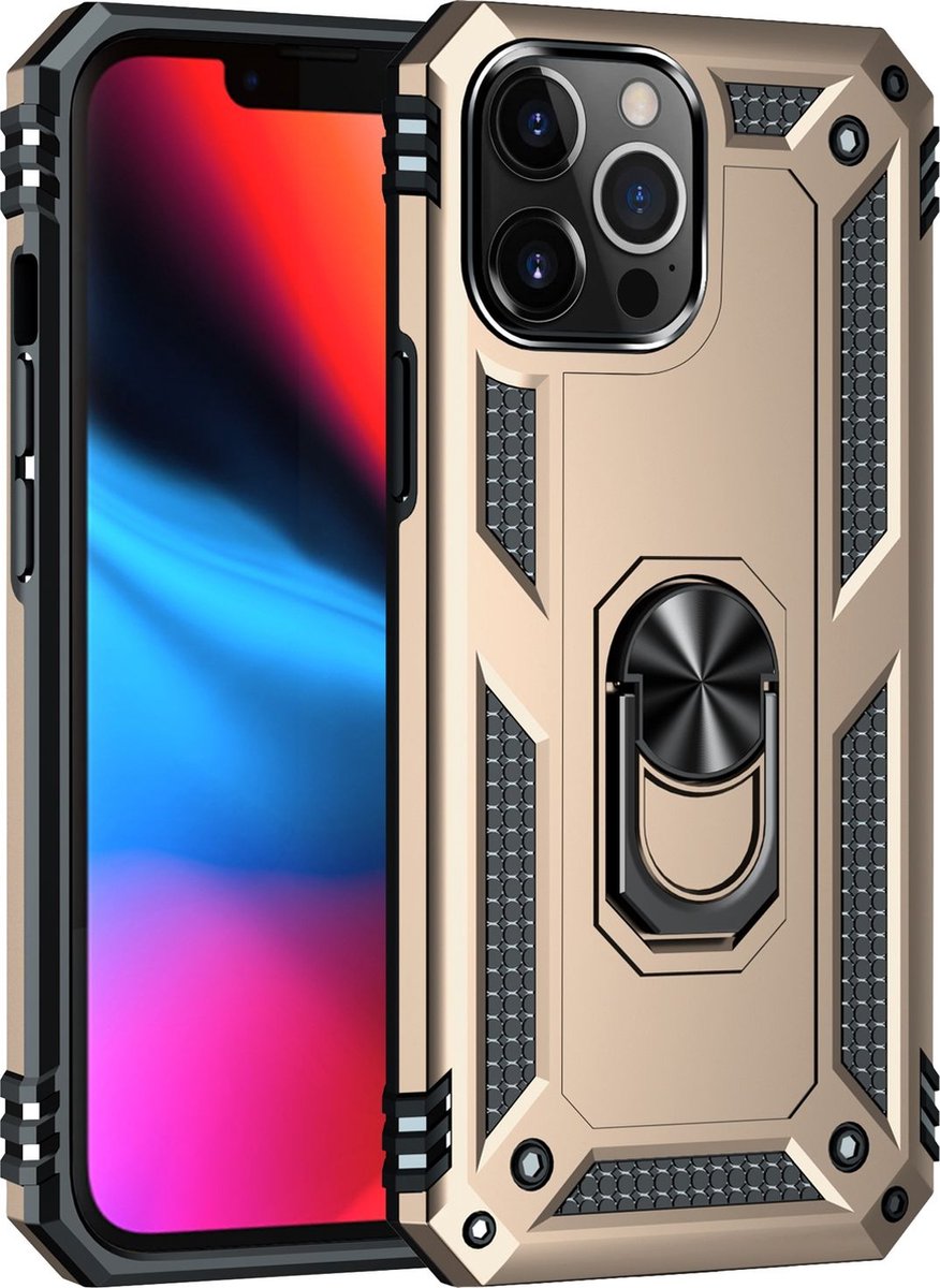 Mobigear Hoesje geschikt voor Apple iPhone 13 Pro Max Telefoonhoesje Hardcase | Mobigear Armor Ring Backcover Shockproof met Ringhouder | Schokbestendig iPhone 13 Pro Max Telefoonhoesje | Anti Shock Proof - Goud