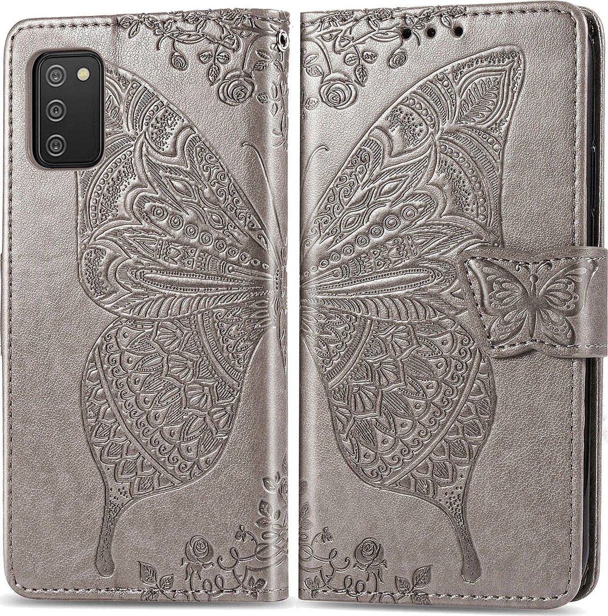Mobigear Telefoonhoesje geschikt voor Samsung Galaxy A03s Hoesje | Mobigear Butterfly Bookcase Portemonnee | Pasjeshouder voor 3 Pasjes | Telefoonhoesje voor Pinpas / OV Kaart / Rijbewijs - Grijs