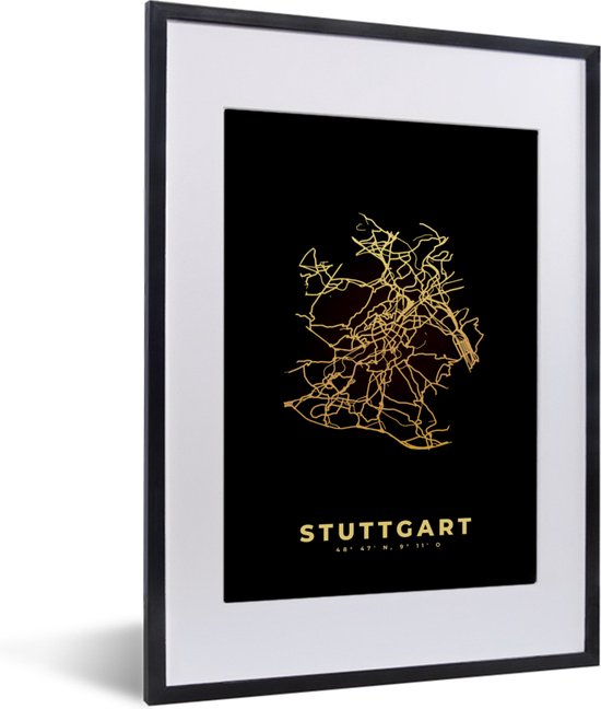 Fotolijst incl. Poster - Goud - Kaart - Stuttgart - Stadskaart - Plattegrond - 30x40 cm - Posterlijst
