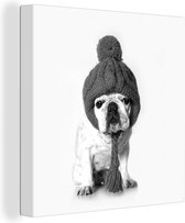 Tableau Peinture Bouledogue français au bonnet de laine - noir et blanc - 50x50 cm - Décoration murale Art