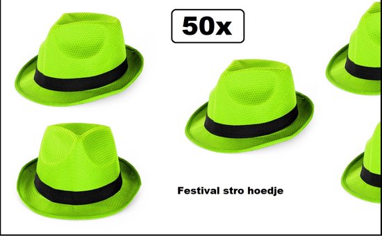 50x Festival hoed neon groen met zwarte band - Hoofddeksel hoed festival thema feest feest party