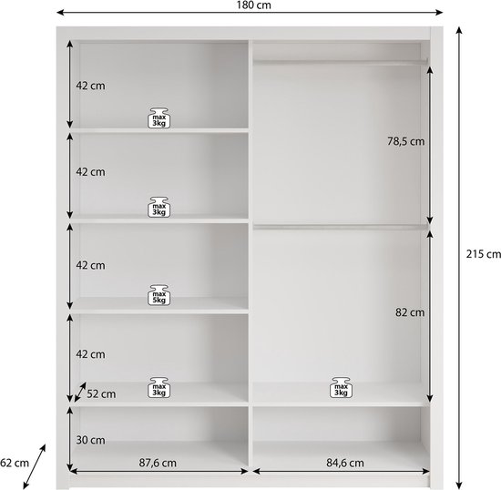Afmetingen van matzwarte schuifdeurkast Blake: 180 cm breed, 215 cm hoog, 62 cm diep. Met schappen en roedes.