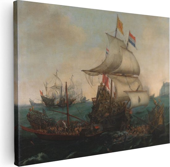 Artaza Canvas Schilderij Hollandse Schepen overzeilen Spaanse Galeien - Hendrik Cornelisz. Vroom - 40x30 - Klein - Poster Foto op Canvas - Canvas Print