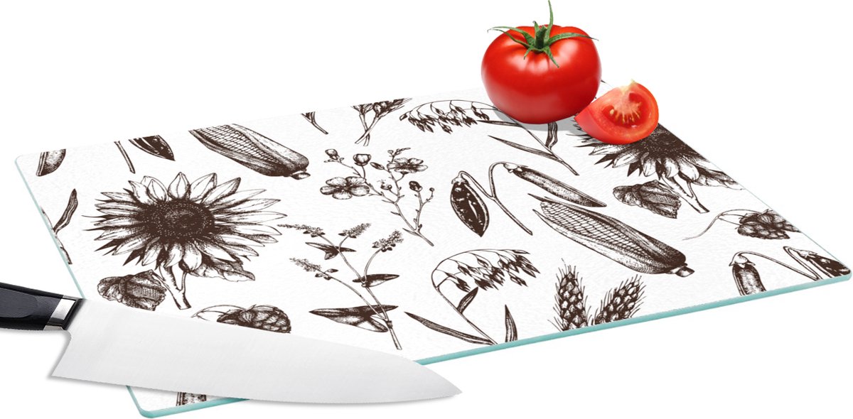 Glazen Snijplank - 39x28 - Patroon - Planten - Zwart - Wit - Snijplanken Glas