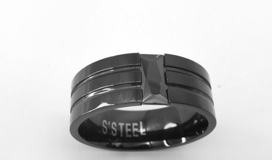 Chique - Zwarte - Stalen Ring - met - Zwart Crystal - klassieke voor zowel - dame - heer.