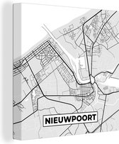 Canvas Schilderij Stadskaart – Zwart Wit - Kaart – Nieuwpoort – België – Plattegrond - 90x90 cm - Wanddecoratie