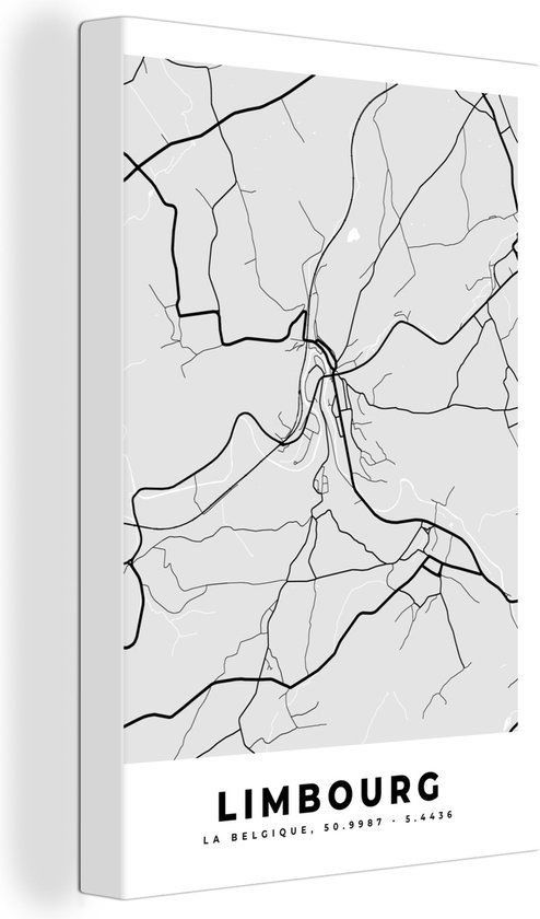 Canvas Schilderij Stadskaart – Zwart Wit - Kaart – Limbourg – België – Plattegrond - 60x90 cm - Wanddecoratie