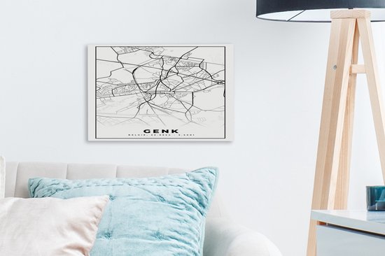 Tableau sur Toile Plan de Ville – Carte – België – Wit Zwart – Genk – Carte - 30x20 cm - Décoration murale
