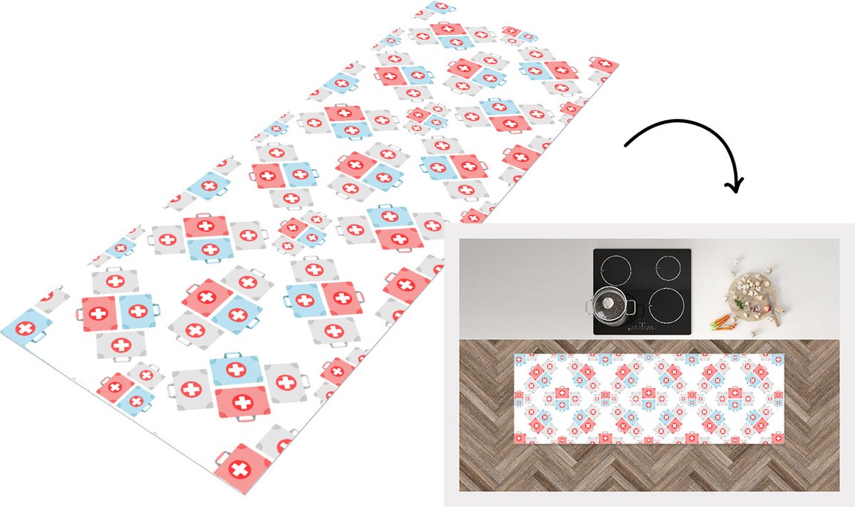 KitchenYeah Keukenloper - Loper keuken - EHBO Koffer - Abstract - Patroon - 180x60 cm - Keukenloper vinyl Multicolor