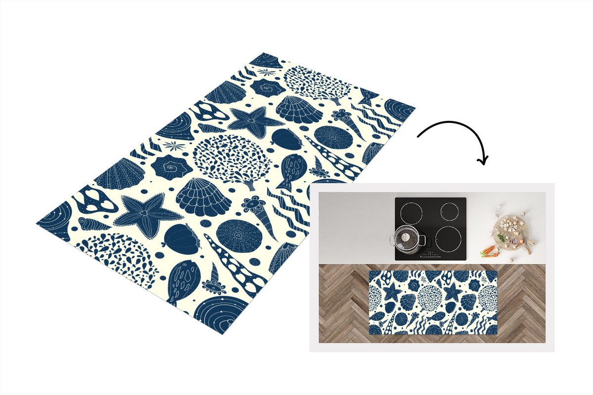 KitchenYeah Keukenloper - Loper keuken - Schelpen - Strand - Blauw - Patroon - 120x60 cm - Keukenloper vinyl Multicolor