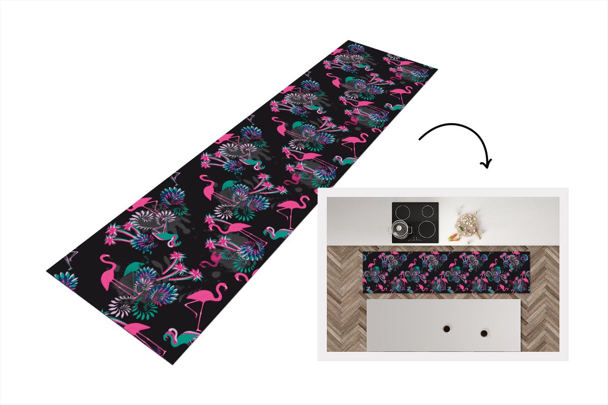 KitchenYeah Keukenloper - Loper keuken - Flamingo - Patroon - Roze - Jungle - 200x50 cm - Keukenloper vinyl Multicolor
