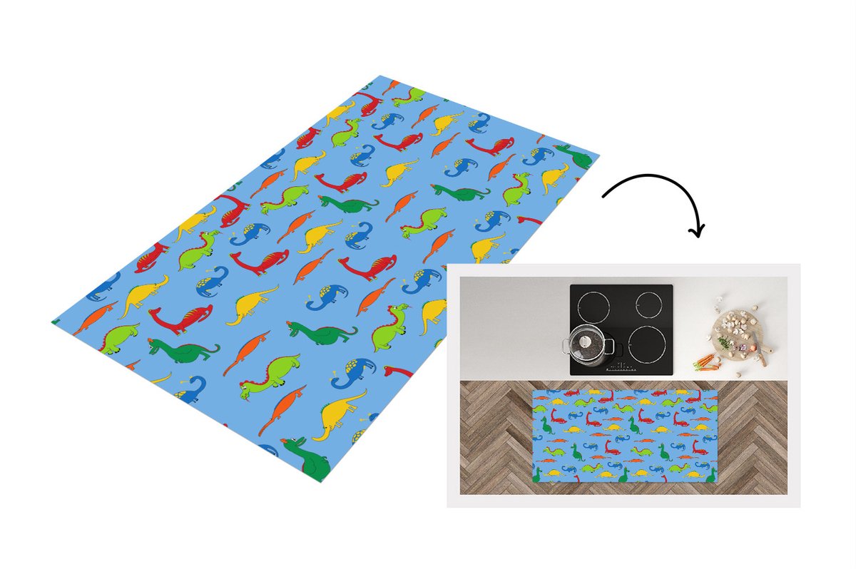 KitchenYeah Keukenloper - Loper keuken - Draak - Dinosaurus - Patronen - Kinderen - 120x60 cm - Keukenloper vinyl Multicolor