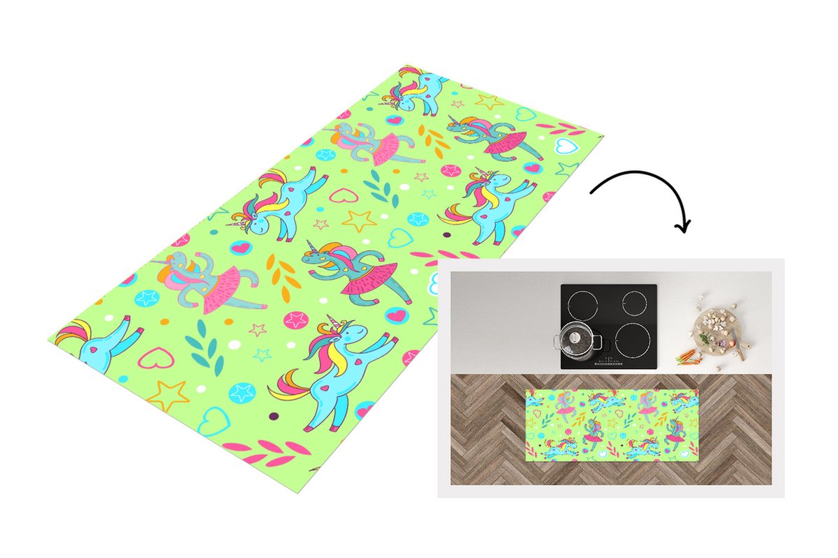 KitchenYeah Keukenloper - Loper keuken - Ballerina - Eenhoorn - Patronen - Regenboog - 120x50 cm - Keukenloper vinyl Multicolor