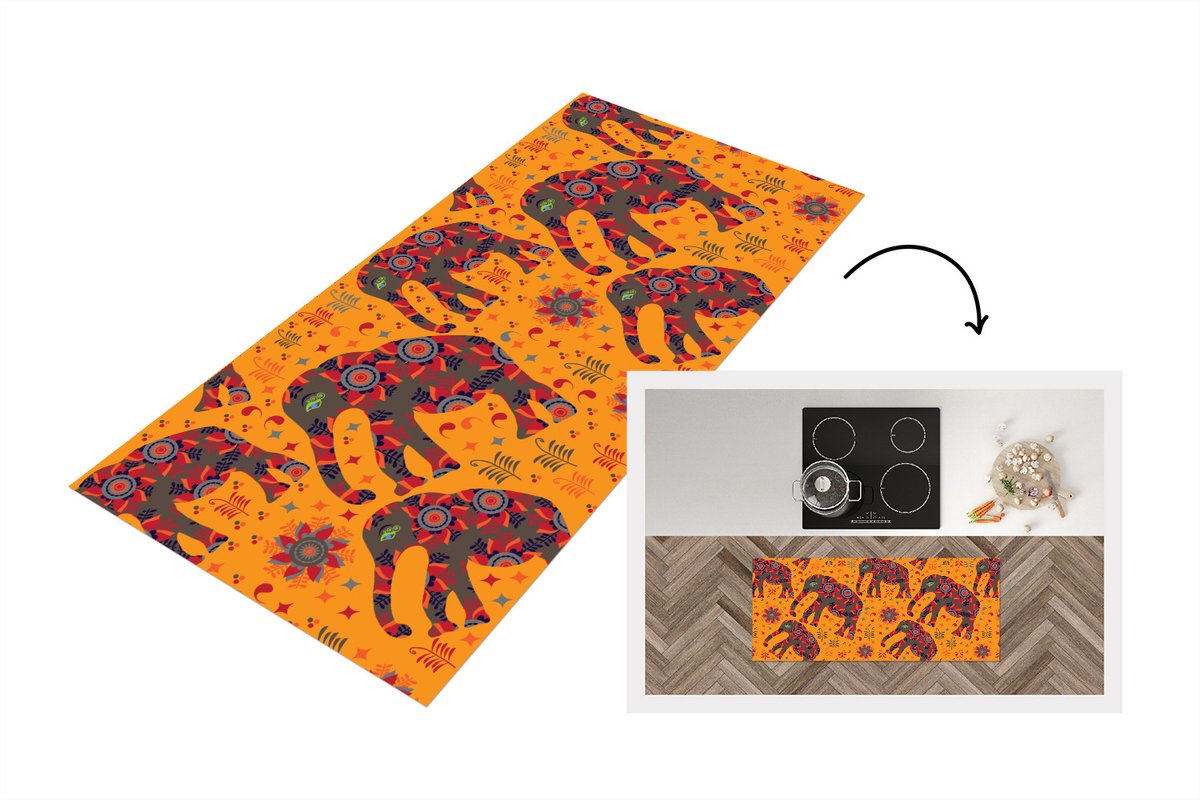 KitchenYeah Keukenloper - Loper keuken - Olifant - Ornament - Bloemen - Patroon - 120x50 cm - Keukenloper vinyl Multicolor