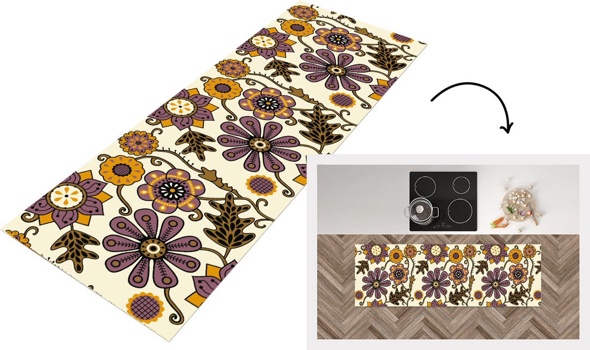 KitchenYeah Keukenloper - Loper keuken - Bloemen - Bohemian - Vintage - Cartoon - 180x60 cm - Keukenloper vinyl Multicolor
