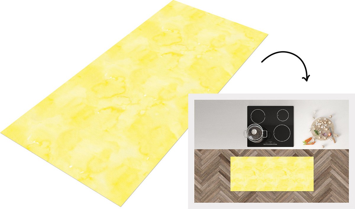 KitchenYeah Keukenloper - Loper keuken - Patronen - Waterverf - Geel - Marmer - 120x50 cm - Keukenloper vinyl Multicolor