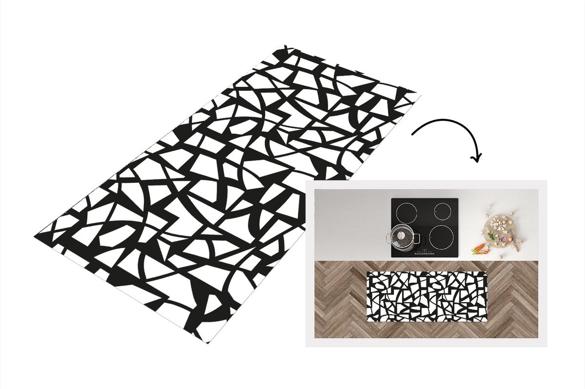 KitchenYeah Keukenloper - Loper keuken - Patronen - Geometrisch - Wit - Zwart - 120x50 cm - Keukenloper vinyl Multicolor