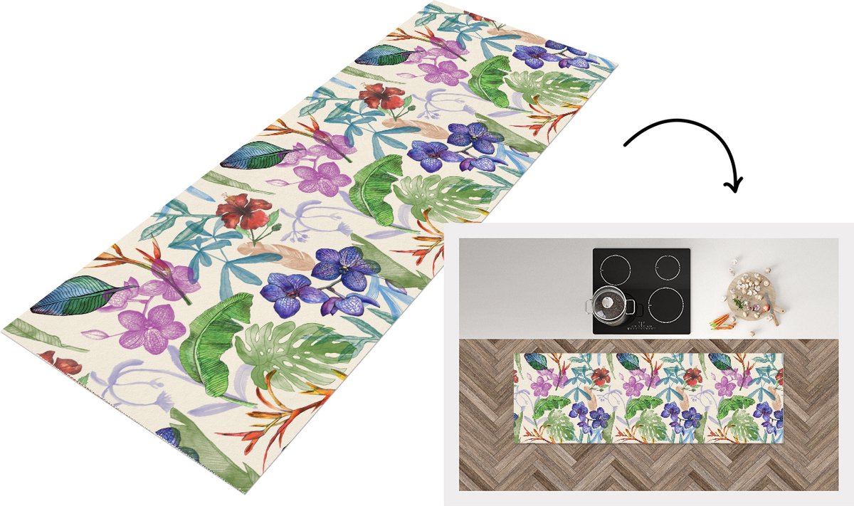 KitchenYeah Keukenloper - Loper keuken - Jungle - Bloemen - Patronen - 180x60 cm - Keukenloper vinyl Multicolor