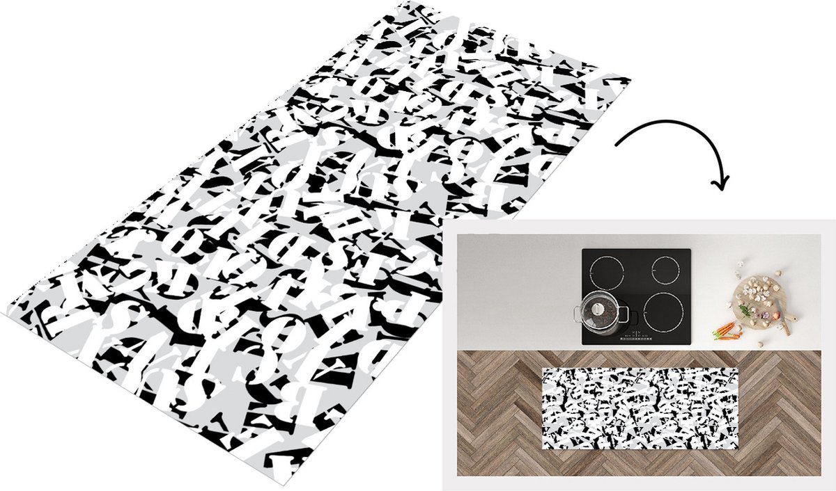 KitchenYeah Keukenloper - Loper keuken - Letters - Alfabet - Patronen - Zwart Wit - 120x50 cm - Keukenloper vinyl Zwart; Wit