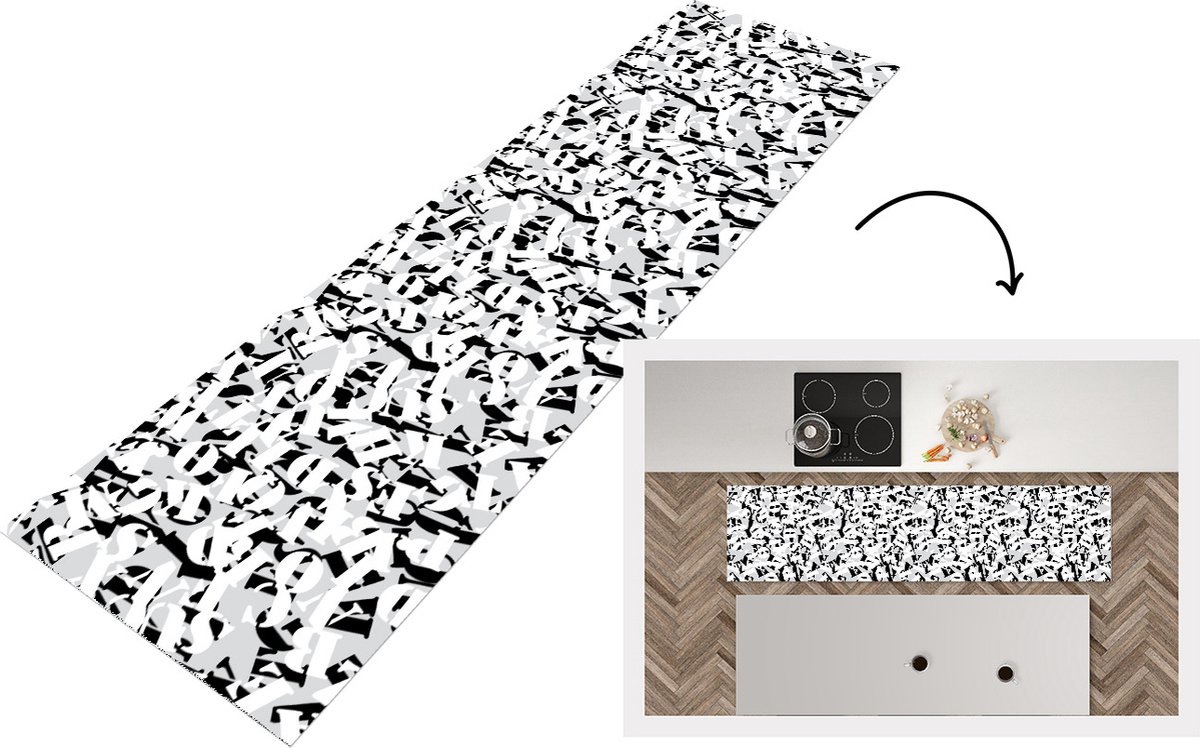 KitchenYeah Keukenloper - Loper keuken - Letters - Alfabet - Patronen - Zwart Wit - 200x50 cm - Keukenloper vinyl Zwart; Wit