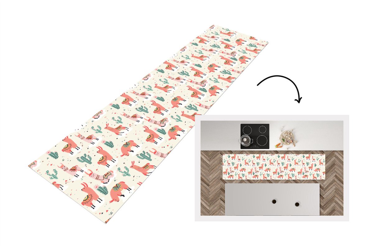 KitchenYeah Keukenloper - Loper keuken - Lama - Patronen - Cactus - 200x50 cm - Keukenloper vinyl Multicolor