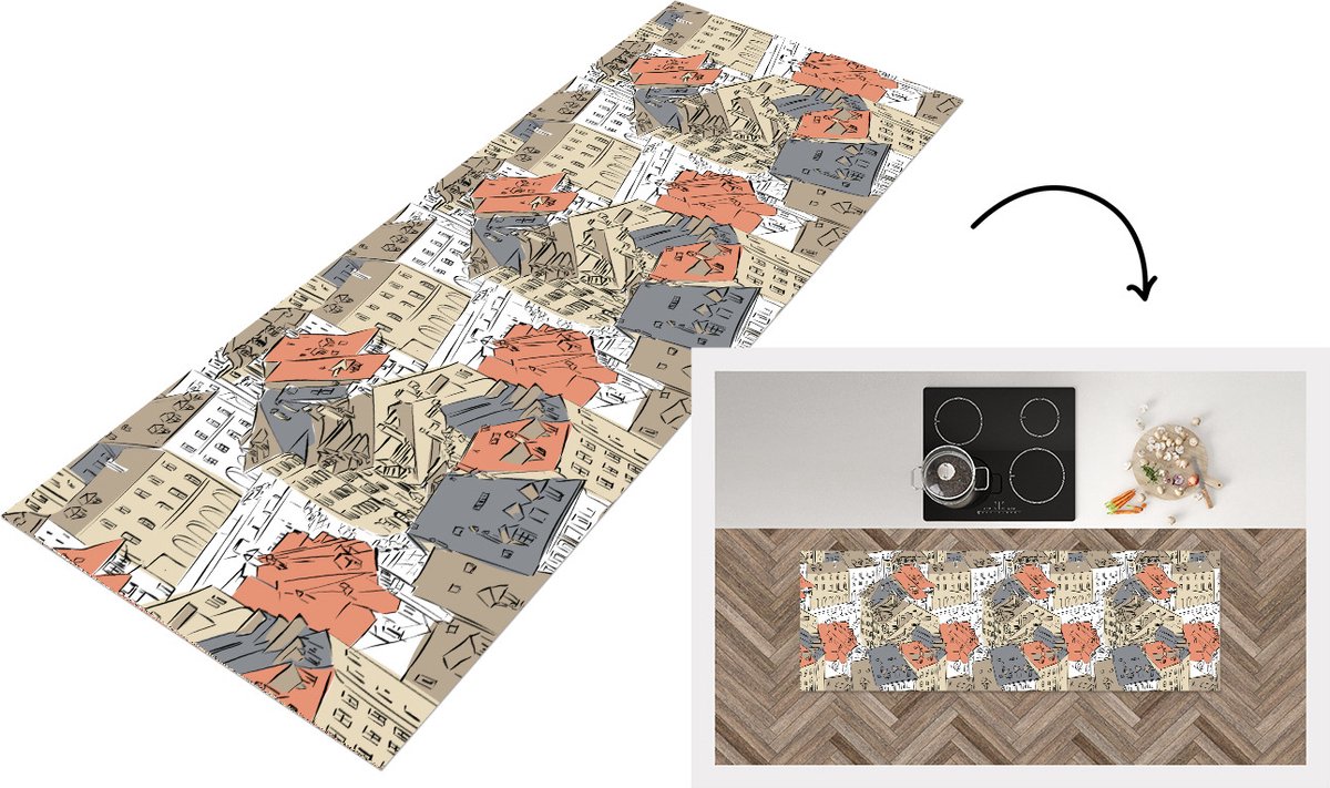 KitchenYeah Keukenloper - Loper keuken - Gebouw - Patronen - Steden - 150x50 cm - Keukenloper vinyl Multicolor