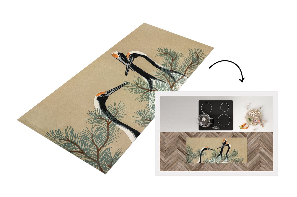 KitchenYeah Keukenloper - Loper keuken - Kraanvogel - Takken - Bladeren - Japans - 120x50 cm - Keukenloper vinyl Multicolor