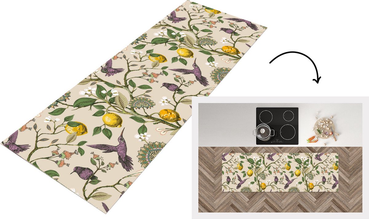 KitchenYeah Keukenloper - Loper keuken - Patroon - Vogel - Planten - Fruit - 180x60 cm - Keukenloper vinyl Multicolor