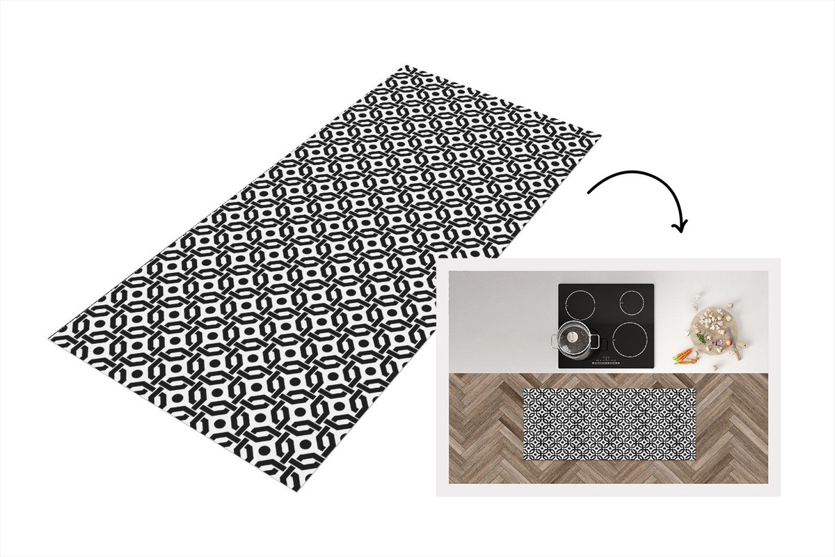 KitchenYeah Keukenloper - Loper keuken - Zwart - Geometrie - Design - 120x50 cm - Keukenloper vinyl Multicolor