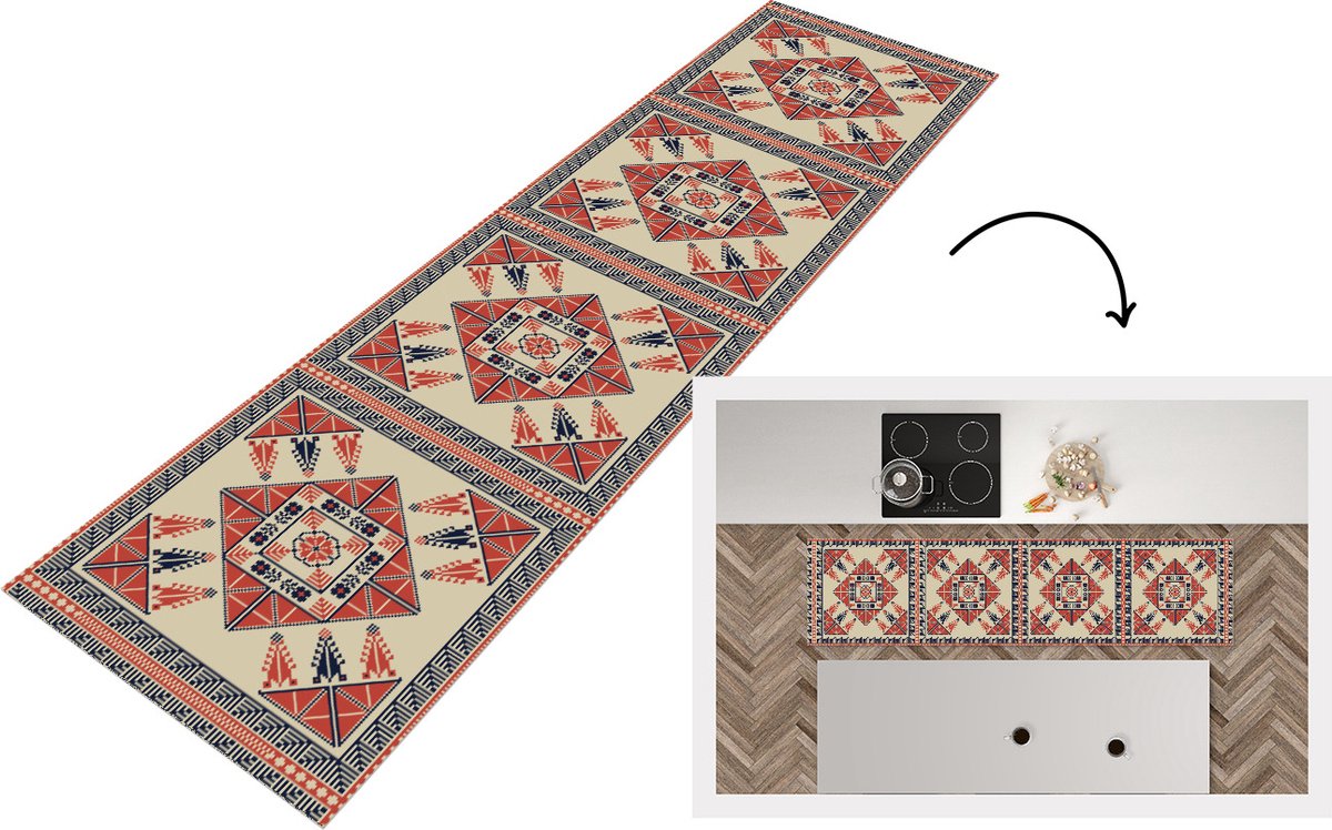 KitchenYeah Keukenloper - Loper keuken - Patronen - Tegel - Bloem - Borduren - Arabisch - 240x60 cm - Keukenloper vinyl Multicolor