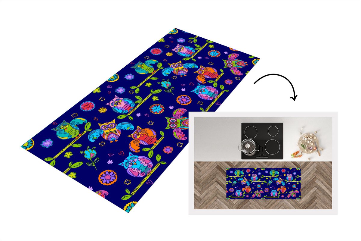 KitchenYeah Keukenloper - Loper keuken - Patroon - Uil - Takken - 120x50 cm - Keukenloper vinyl Multicolor