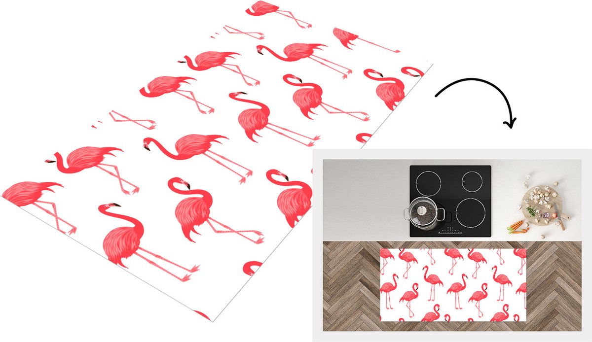 KitchenYeah Keukenloper - Loper keuken - Patroon - Flamingo - Vogel - 120x60 cm - Keukenloper vinyl Multicolor