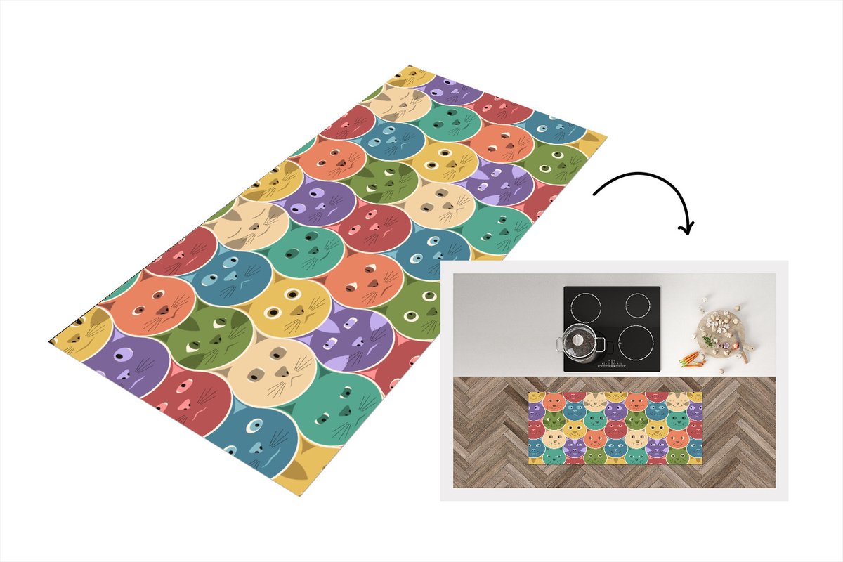 KitchenYeah Keukenloper - Loper keuken - Katten - Regenboog - Kind - Design - 120x50 cm - Keukenloper vinyl Multicolor