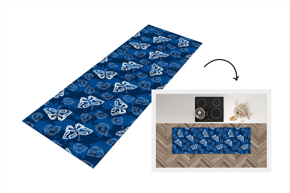 KitchenYeah Keukenloper - Loper keuken - Vlinder - Insecten - Blauw - Wit - Design - 180x60 cm - Keukenloper vinyl Multicolor