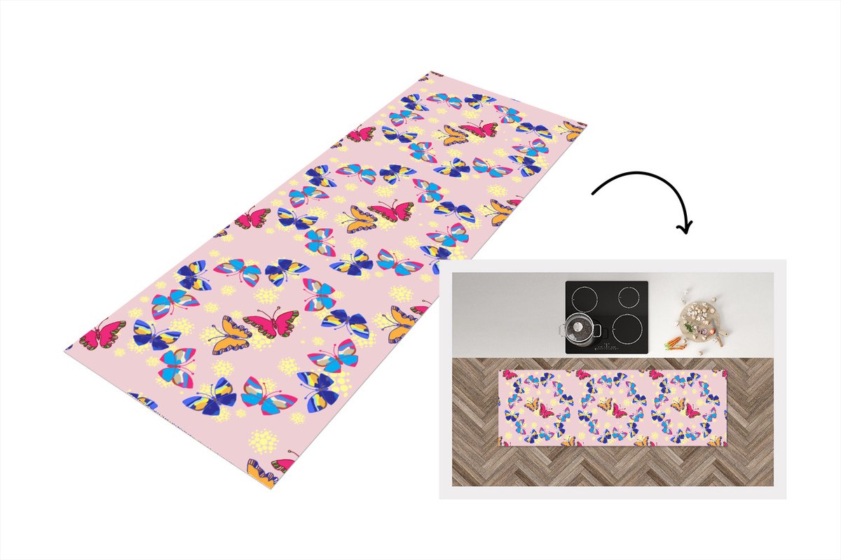 KitchenYeah Keukenloper - Loper keuken - Meisje - Vlinder - Insecten - Patronen - 180x60 cm - Keukenloper vinyl Multicolor