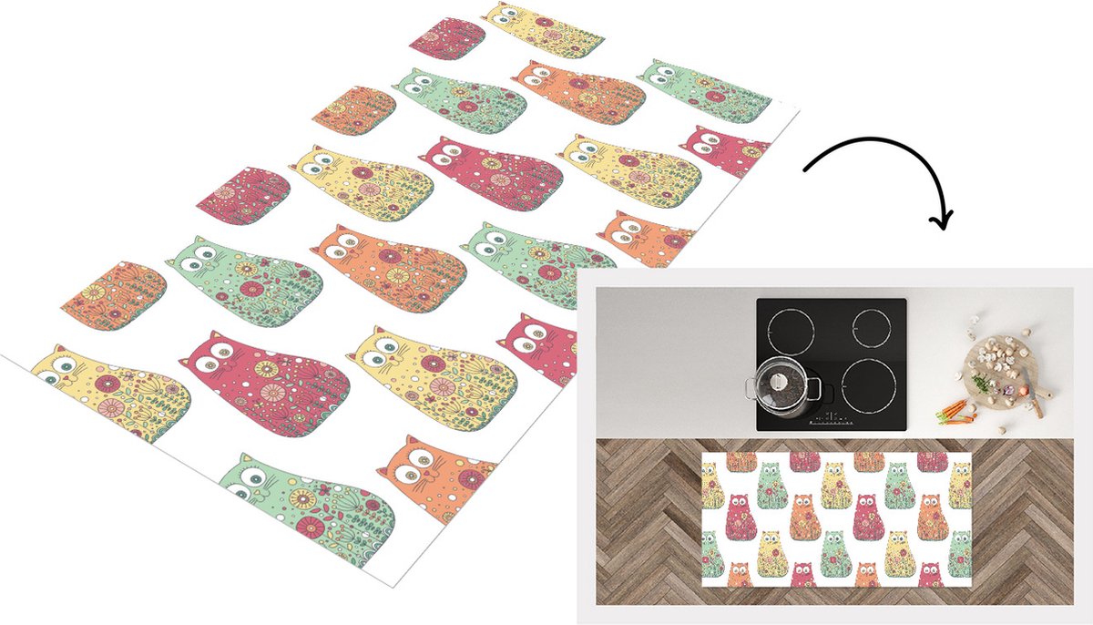 KitchenYeah Keukenloper - Loper keuken - Meisjes - Kat - Bloemen - Patronen - 120x60 cm - Keukenloper vinyl Multicolor