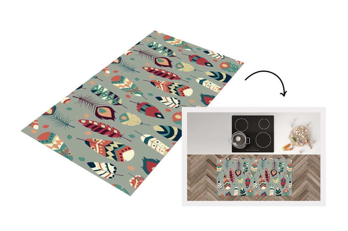 KitchenYeah Keukenloper - Loper keuken - Tieners - Veren - Patronen - 120x60 cm - Keukenloper vinyl Multicolor
