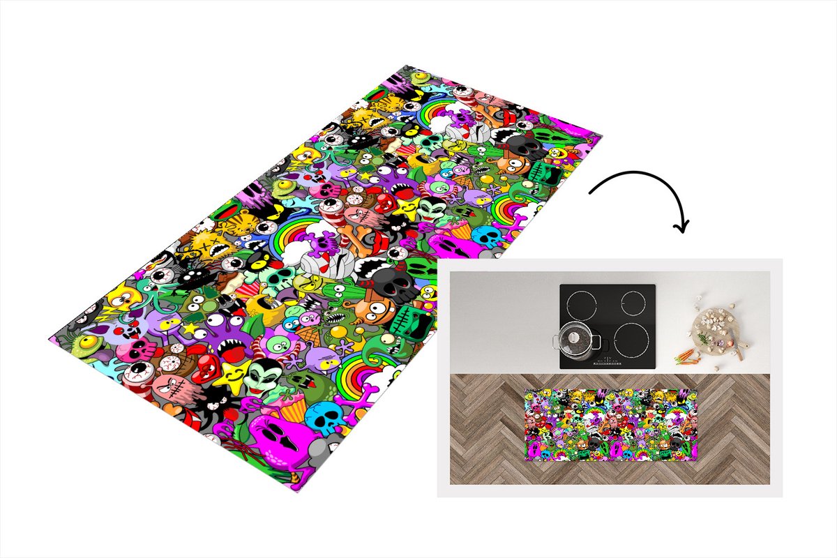KitchenYeah Keukenloper - Loper keuken - Tieners - Monster - Doodle - Patronen - 120x50 cm - Keukenloper vinyl Multicolor