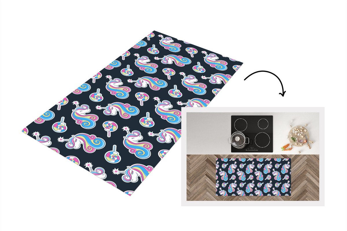 KitchenYeah Keukenloper - Loper keuken - Meisje - Unicorn - Lolly snoep - Patronen - 120x60 cm - Keukenloper vinyl Multicolor