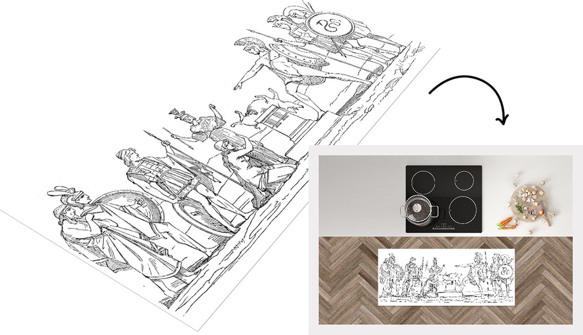 KitchenYeah Keukenloper - Loper keuken - Een antieke illustratie van Griekse mythologische figuren waaronder Ajax - 120x50 cm - Keukenloper vinyl Multicolor