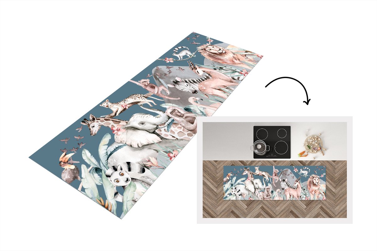 KitchenYeah Keukenloper - Loper keuken - Waterverf - Dieren - Jungle - Blauw - 150x50 cm - Keukenloper vinyl Multicolor