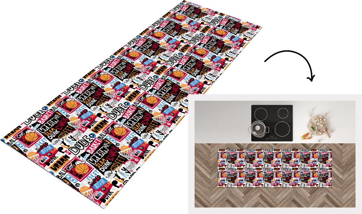 KitchenYeah Keukenloper - Loper keuken - Basketbal - Quotes - Patroon - Alfabet - 150x50 cm - Keukenloper vinyl Multicolor
