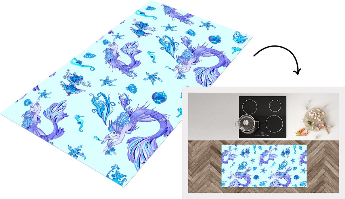 KitchenYeah Keukenloper - Loper keuken - Patronen - Vis - Zeemeermin - Mermaid - 120x60 cm - Keukenloper vinyl Multicolor