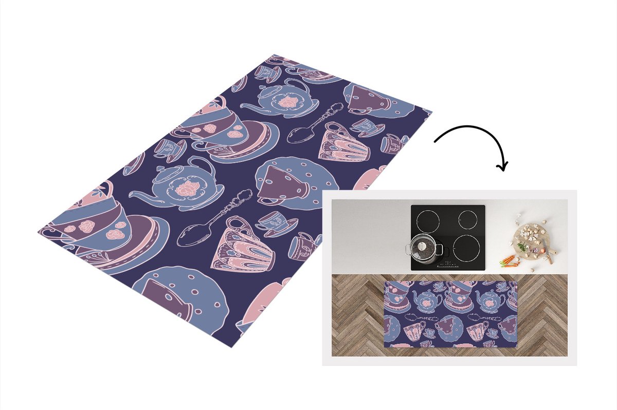 KitchenYeah Keukenloper - Loper keuken - Patroon - Thee - Kop - Theepot - 120x60 cm - Keukenloper vinyl Multicolor