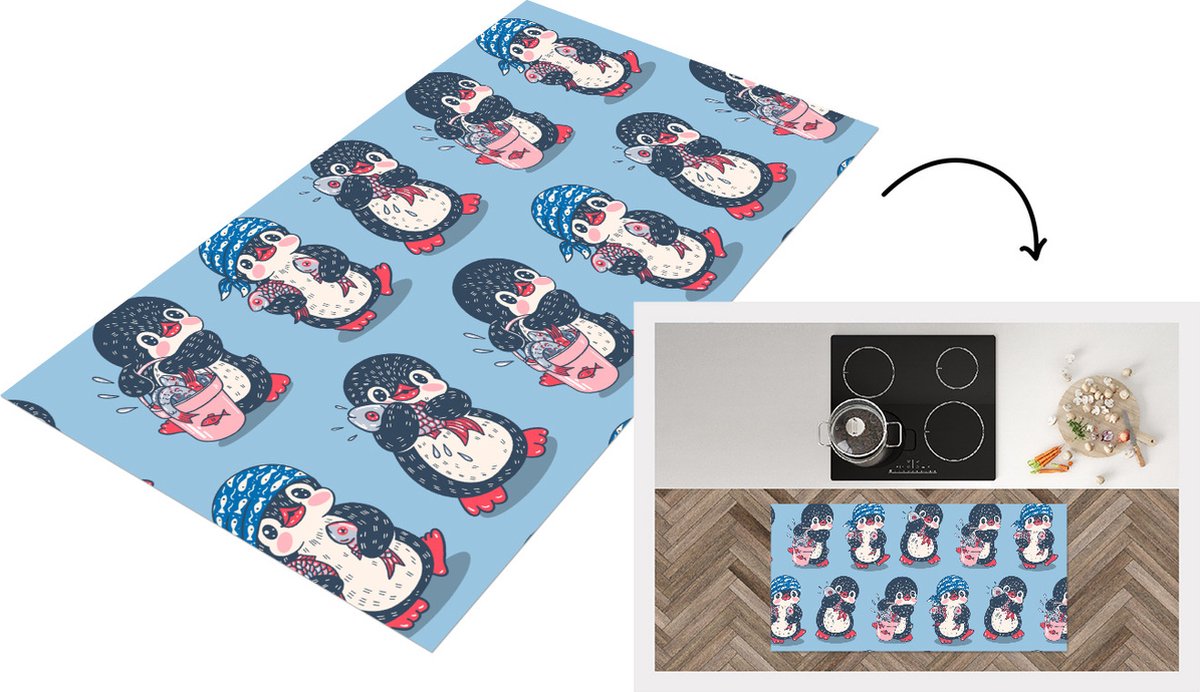 KitchenYeah Keukenloper - Loper keuken - Pinguïn - Design - Vis - 120x60 cm - Keukenloper vinyl Multicolor