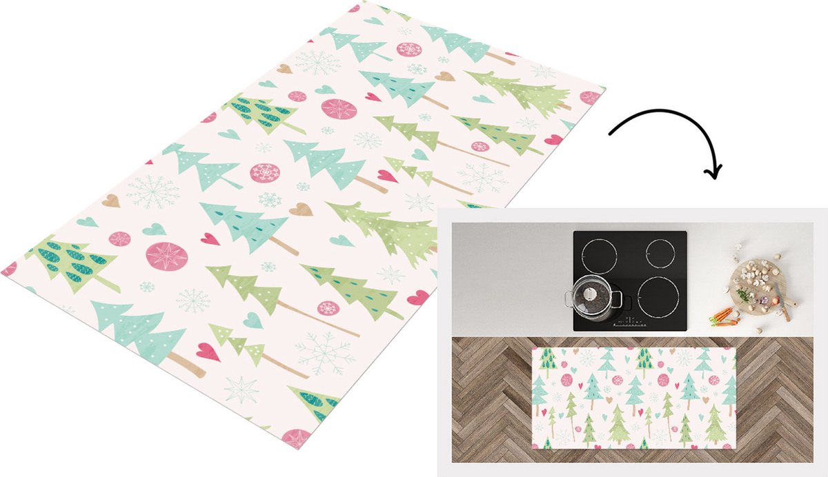 KitchenYeah Keukenloper - Loper keuken - Winter - Bos - Patroon - Sneeuw - Pastel - 120x60 cm - Keukenloper vinyl Multicolor