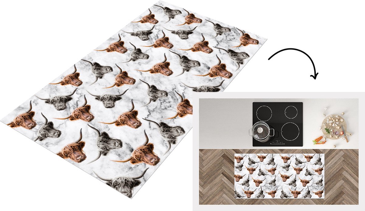 KitchenYeah Keukenloper - Loper keuken - Schotse hooglander - Dieren - Patroon - 120x60 cm - Keukenloper vinyl Multicolor