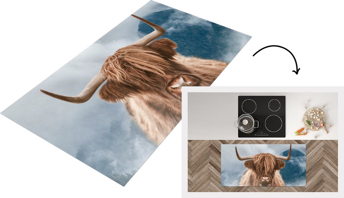 KitchenYeah Keukenloper - Loper keuken - Schotse hooglander - Koe - Hoorn - 120x60 cm - Keukenloper vinyl Multicolor