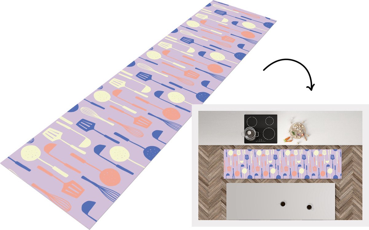 KitchenYeah Keukenloper - Loper keuken - Patronen - Keukengerei - Spatel - Garde - 240x60 cm - Keukenloper vinyl Multicolor